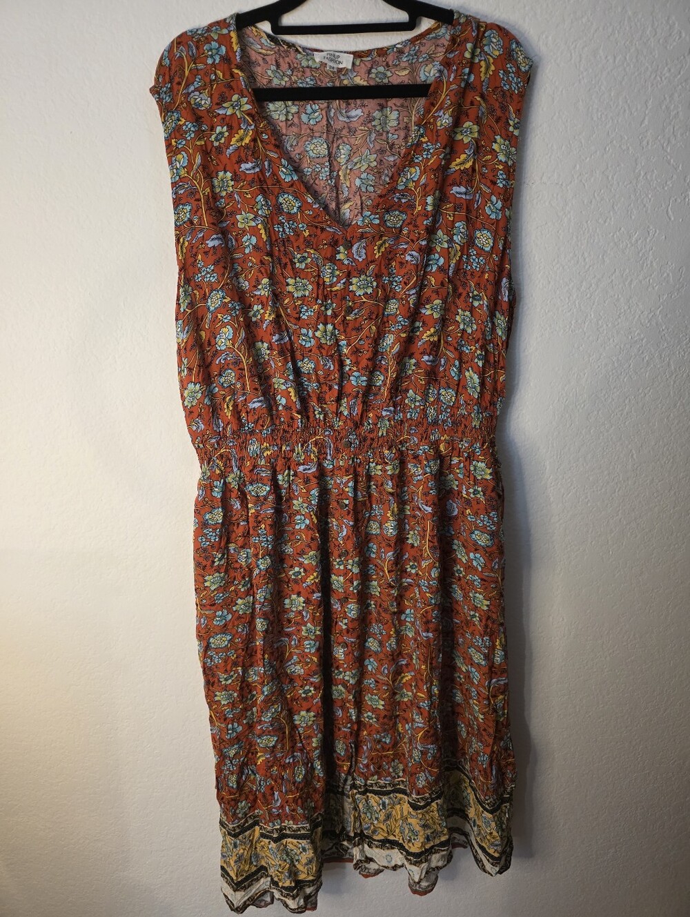 Rust Floral Boho Midi Dress with Border Hem